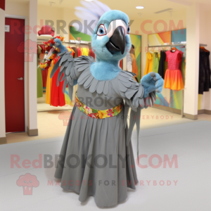 Gray Macaw mascot costume character dressed with a Ball Gown and Headbands