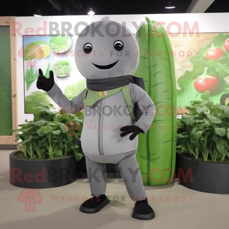Gray Zucchini mascot costume character dressed with a Jacket and Belts