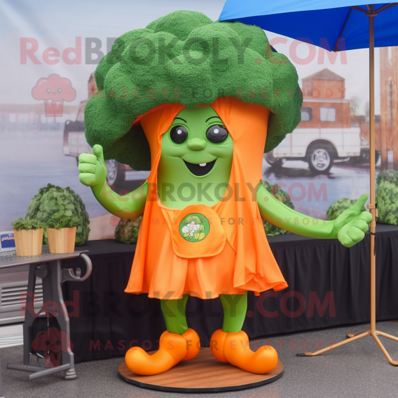 Orange Broccoli mascot costume character dressed with a Raincoat and Headbands