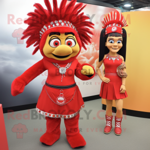 Red Chief mascot costume character dressed with a Mini Skirt and Earrings