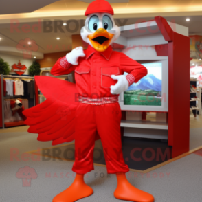 Red Geese mascot costume character dressed with a Capri Pants and Gloves