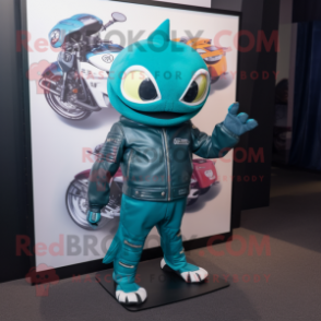 Teal Sushi mascot costume character dressed with a Moto Jacket and Cufflinks