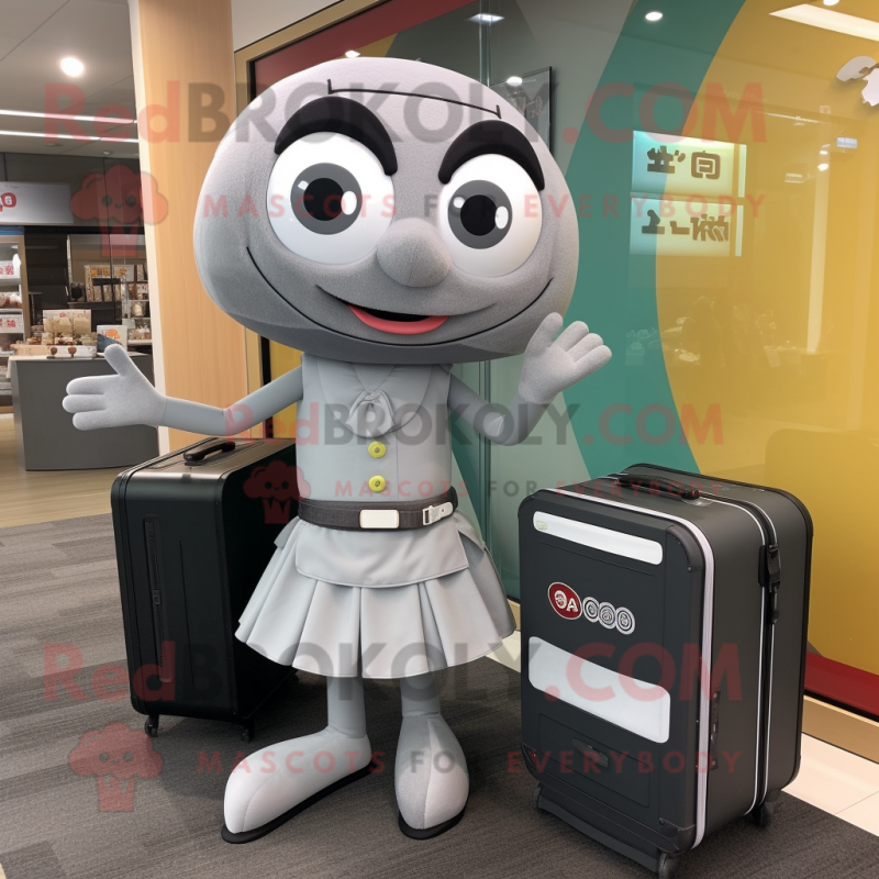 Gray Miso Soup mascot costume character dressed with a Mini Skirt and Briefcases