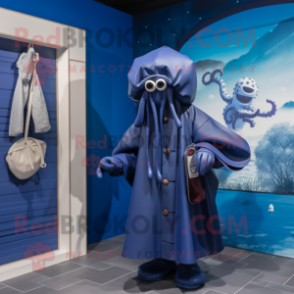 Navy Kraken mascot costume character dressed with a Raincoat and Handbags