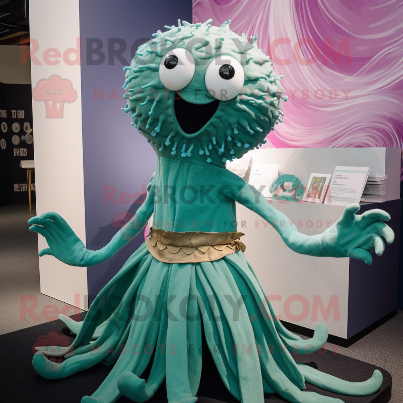 Teal Kraken mascot costume character dressed with a Pleated Skirt and Bracelets