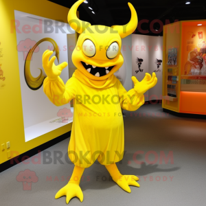 Lemon Yellow Devil mascot costume character dressed with a Coat and Necklaces