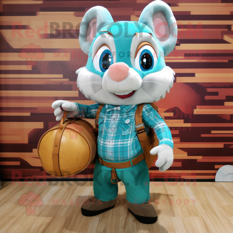 Cyan Dormouse mascot costume character dressed with a Flannel Shirt and Handbags