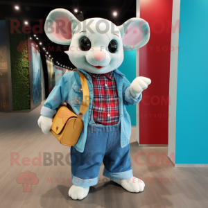 Cyan Dormouse mascot costume character dressed with a Flannel Shirt and Handbags