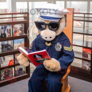 Navy Marine Recon mascot costume character dressed with a Oxford Shirt and Reading glasses