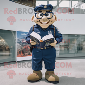 Navy Marine Recon mascot costume character dressed with a Oxford Shirt and Reading glasses