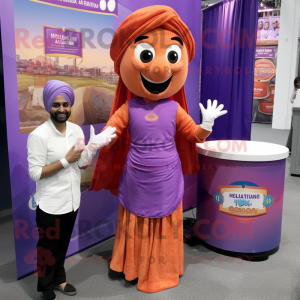 Lavender Tikka Masala mascot costume character dressed with a Wrap Dress and Pocket squares