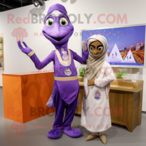 Lavender Tikka Masala mascot costume character dressed with a Wrap Dress and Pocket squares