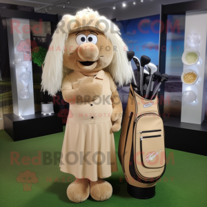 Tan Golf Bag mascot costume character dressed with a Wrap Dress and Hairpins