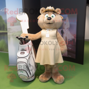 Tan Golf Bag mascot costume character dressed with a Wrap Dress and Hairpins