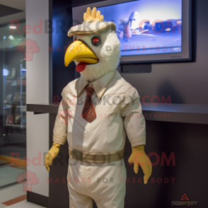 Beige Chicken mascot costume character dressed with a Rash Guard and Tie pins
