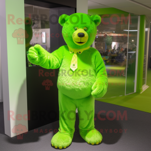Lime Green Teddy Bear mascot costume character dressed with a Long Sleeve Tee and Cufflinks