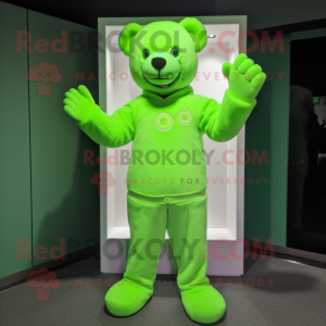 Lime Green Teddy Bear mascot costume character dressed with a Long Sleeve Tee and Cufflinks