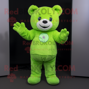 Lime Green Teddy Bear mascot costume character dressed with a Long Sleeve Tee and Cufflinks