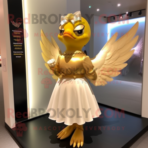 Gold Dove mascot costume character dressed with a Wrap Skirt and Hairpins