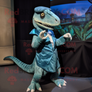 Teal Allosaurus mascot costume character dressed with a Culottes and Shawl pins