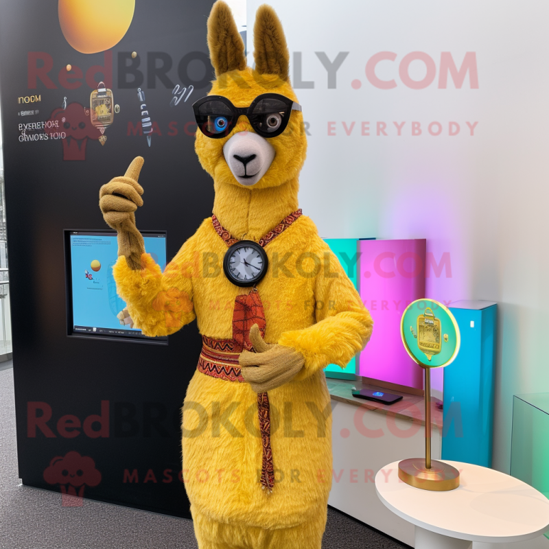 Gold Llama mascot costume character dressed with a Turtleneck and Digital watches