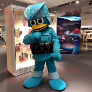 Teal Commando mascot costume character dressed with a A-Line Skirt and Ties