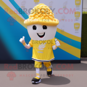 Yellow Pop Corn mascot costume character dressed with a Running Shorts and Pocket squares