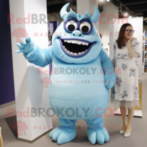 Sky Blue Ogre mascot costume character dressed with a Shift Dress and Eyeglasses