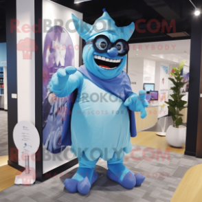 Sky Blue Ogre mascot costume character dressed with a Shift Dress and Eyeglasses