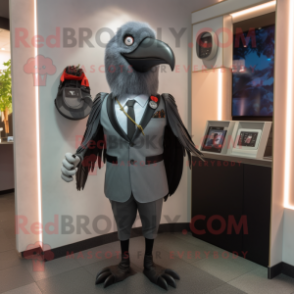 Gray Crow mascot costume character dressed with a Blazer and Smartwatches