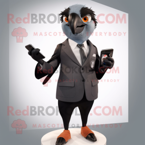 Gray Crow mascot costume character dressed with a Blazer and Smartwatches