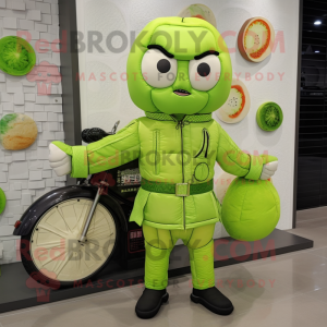Lime Green Dim Sum mascot costume character dressed with a Moto Jacket and Coin purses