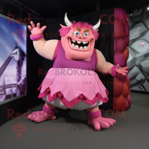 Pink Ogre mascot costume character dressed with a A-Line Skirt and Foot pads