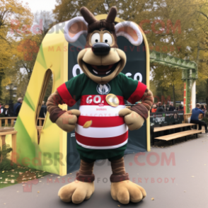 Olive Goulash mascot costume character dressed with a Rugby Shirt and Scarves