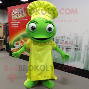 Lime Green Fish Tacos mascot costume character dressed with a Dress and Caps