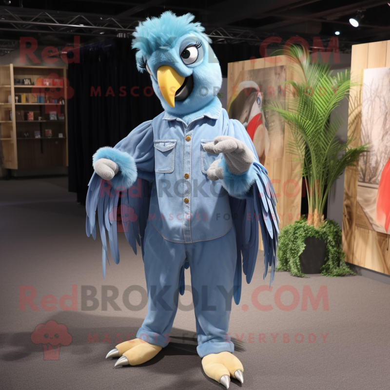 Sky Blue Macaw mascot costume character dressed with a Denim Shirt and Hair clips