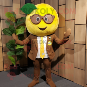 Brown Lemon mascot costume character dressed with a Vest and Ties