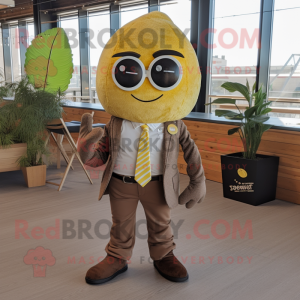 Brown Lemon mascot costume character dressed with a Vest and Ties