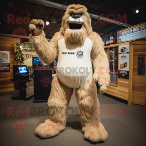 Cream Sasquatch mascot costume character dressed with a Henley Shirt and Suspenders