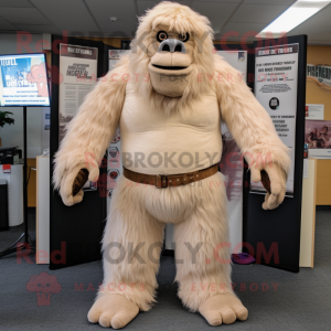 Cream Sasquatch mascot costume character dressed with a Henley Shirt and Suspenders