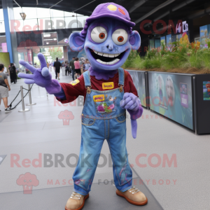 Purple Zombie mascot costume character dressed with a Denim Shirt and Coin purses