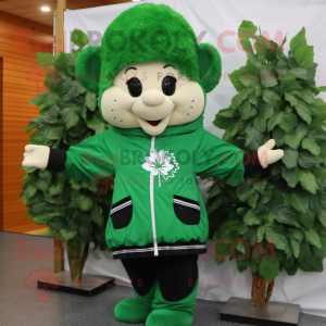 Forest Green Bunch Of Shamrocks mascot costume character dressed with a Windbreaker and Headbands