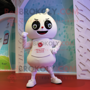 Cream Cherry mascot costume character dressed with a Bodysuit and Smartwatches