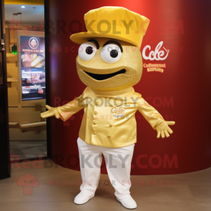 Gold Ceviche mascot costume character dressed with a Polo Tee and Hat pins