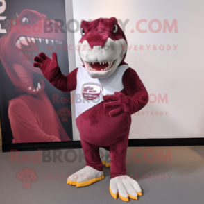 Maroon Allosaurus mascot costume character dressed with a Tank Top and Lapel pins