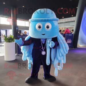 Blue Jellyfish mascot costume character dressed with a Waistcoat and Gloves