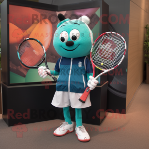 Teal Tennis Racket mascot costume character dressed with a Moto Jacket and Tote bags