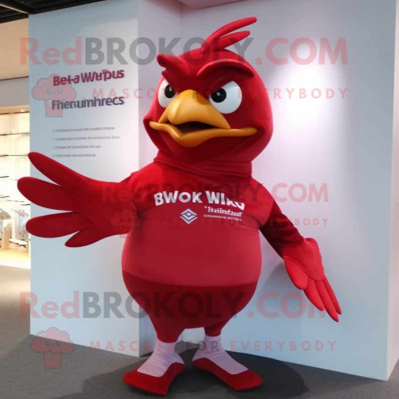 Red Dove mascot costume character dressed with a Rash Guard and Bracelets