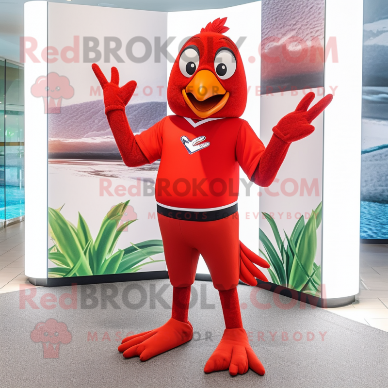 Red Dove mascot costume character dressed with a Rash Guard and Bracelets