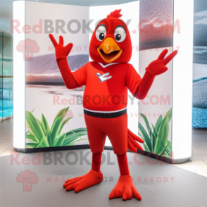 Red Dove mascot costume character dressed with a Rash Guard and Bracelets